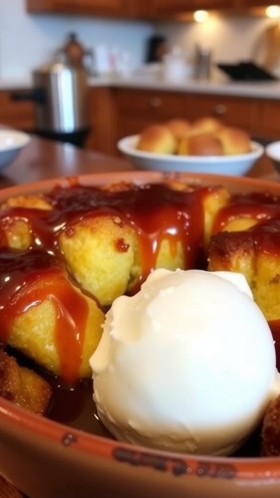Warm Mississippi Queen bread pudding with caramel sauce and vanilla ice cream in a rustic dish.